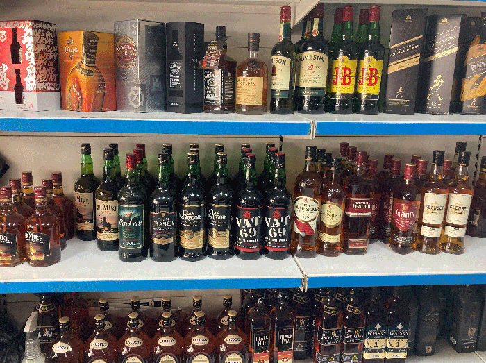 Bottles on shelves